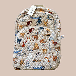 New Vera Bradley A Cats Life Essential Large Backpack Quilted Cotton Beige